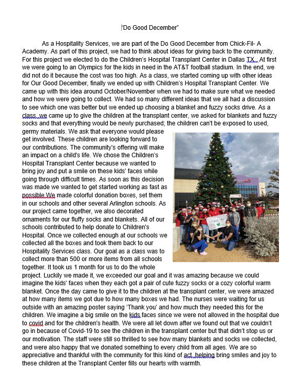 AISD Dan Dipert Career + Technical Center Chick-fil-A Leader Academy 2021 Do Good December Project @cfaleaderacademy #DoGoodDecember #ImpactThroughAction #childrenshospital