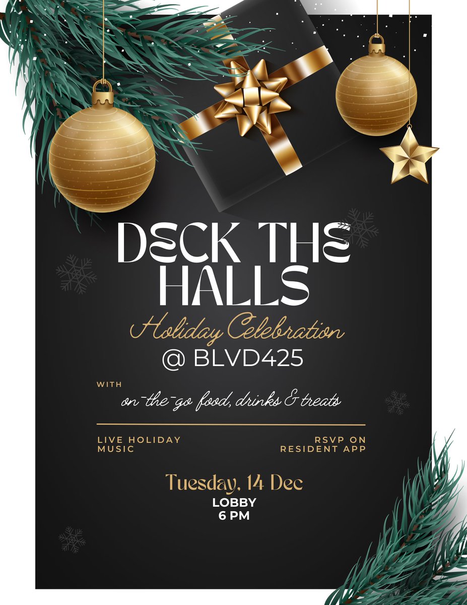 Join us for the annual BLVD 425 Holiday Party today, 12/14 at 6pm in the lobby and grab some delicious on-the-go food, drinks and treats! Don’t miss out; while supplies last!