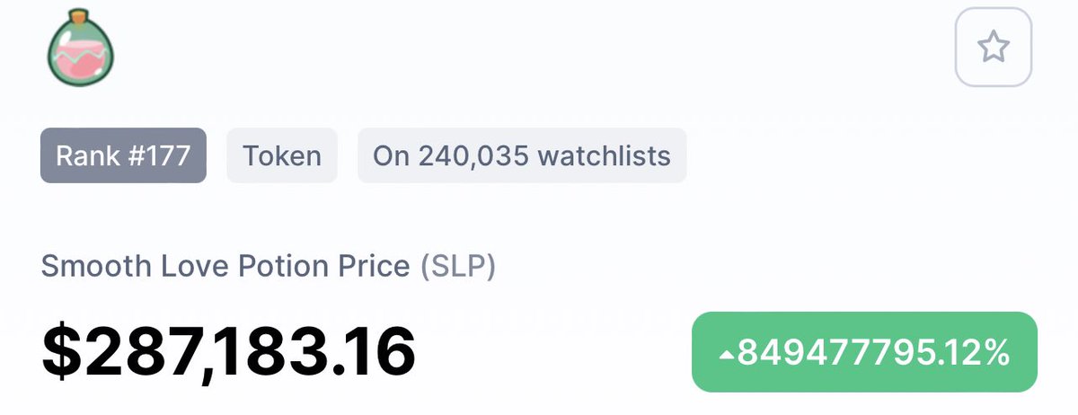 AxieElon's tweet photo. Lol yeah. Did something happen to SLP? Kind of just shot up 2,400% 😂 

Hope it’s real. 99.99% sure it’s a glitch 😂 https://t.co/7O301ELNlB