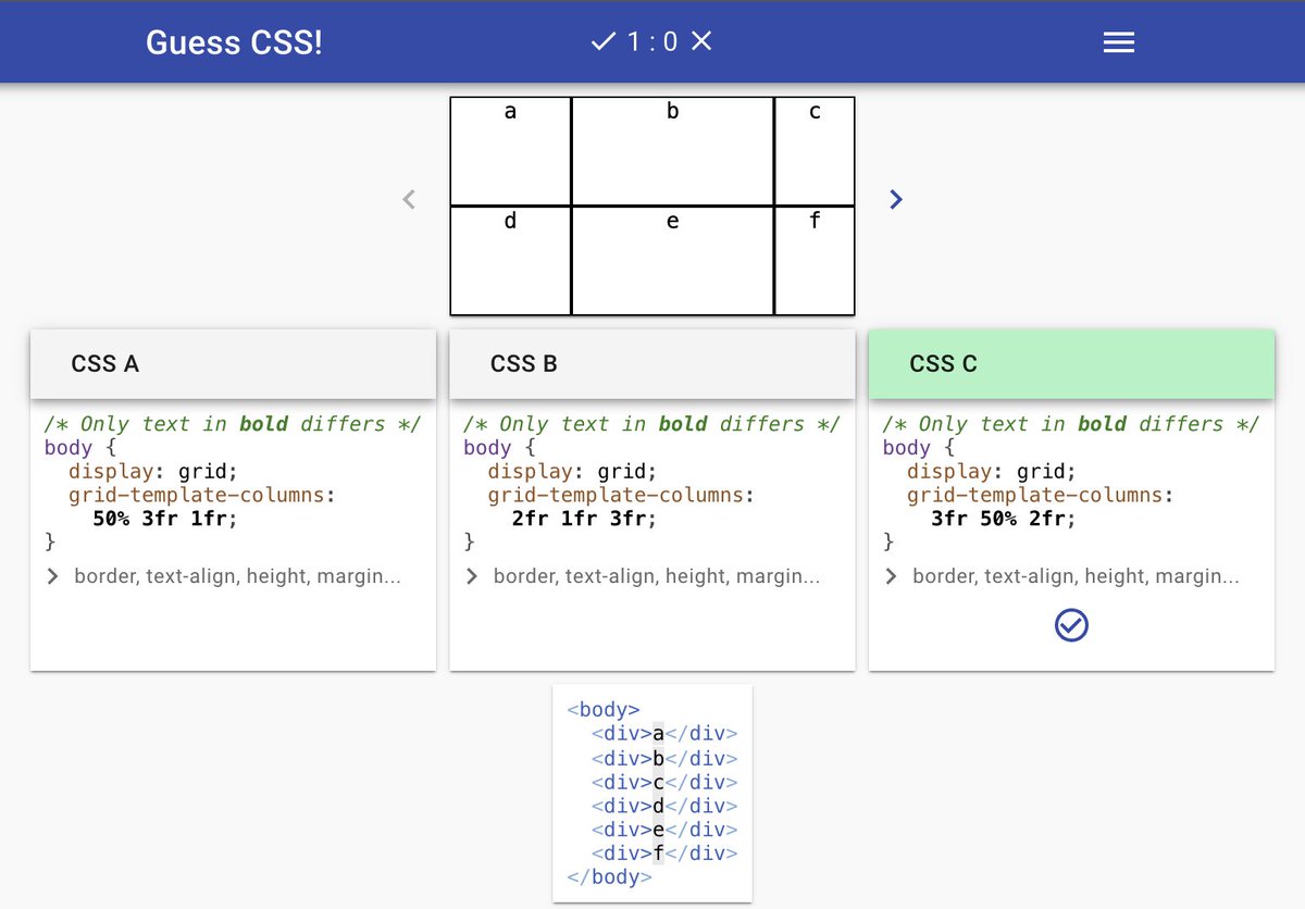 midudev's tweet photo. Guess CSS 🧩 es un juego donde ves un layout y tienes que indicar qué CSS es el correcto. ✅

Perfecto para comprobar si tus conocimientos de maquetación están al día o tienes que revisar algo. 😅

¿Te animas?
➡️ https://t.co/Sh12aIJfz5 https://t.co/GpyXW1s5Lc
