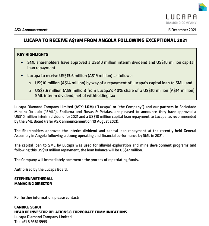 fulovitboss's tweet photo. $LOM ๐ #LucapaDiamonds
#LOM to receive AU $19m from SML ๐๐
2022 will be exciting ๐ #Lulo #Mothae #Merlin https://t.co/0Ty1OnzM1p