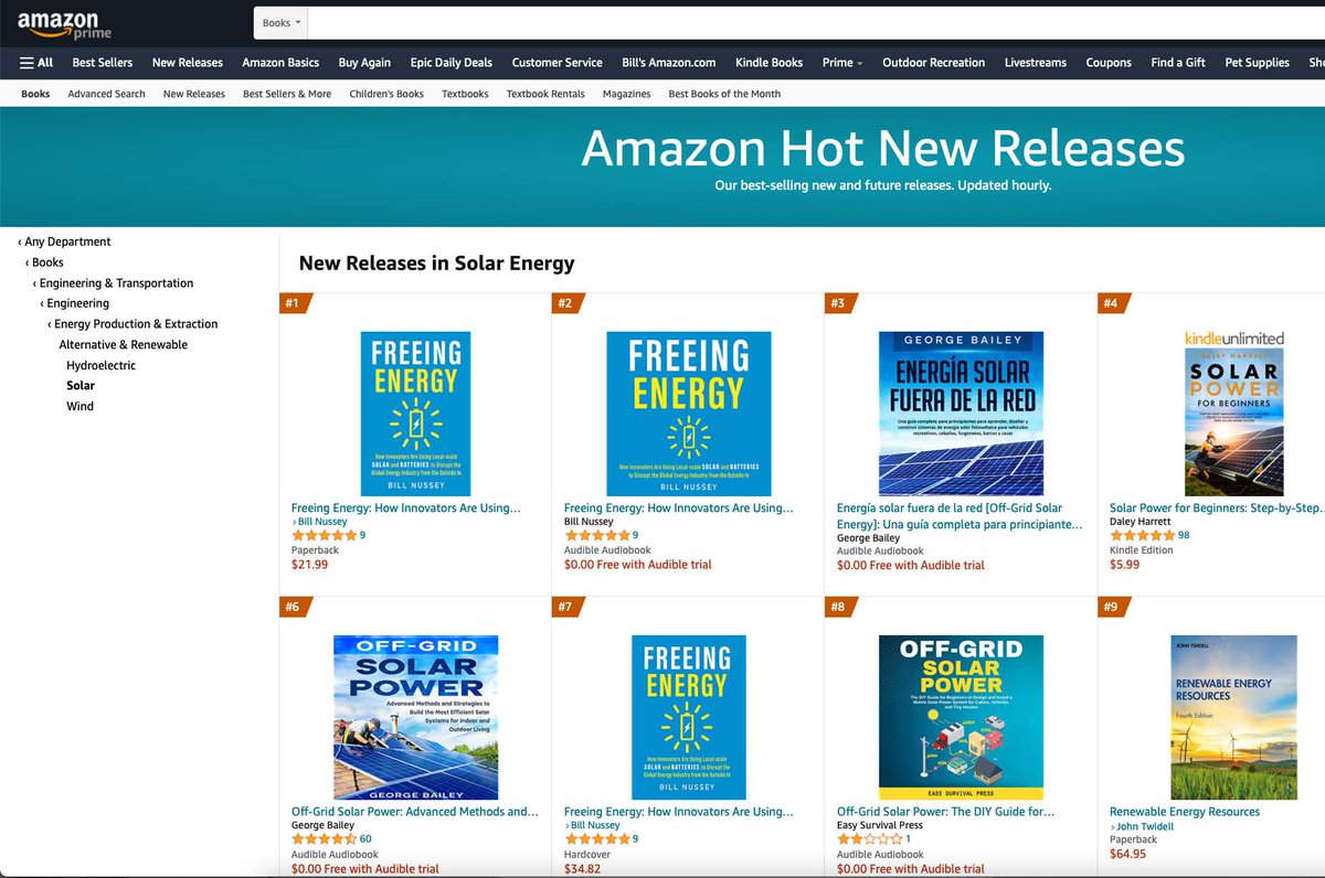 bnussey's tweet photo. I am thrilled that Freeing Energy is now #1, #2, and #7 on Amazon's "Hot New Releases in Solar Energy" (paperback, audiobook, and hardcover versions). Huge thanks to everyone who is helping us spread the #localenergy mission! https://t.co/1UGAN3QB4P https://t.co/la5mBa4CS2