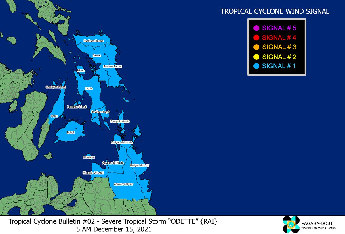 dost_pagasa's tweet photo. TROPICAL CYCLONE BULLETIN NO. 2
Severe Tropical Storm “#OdettePH”
Issued at 5:00 AM, 15 December 2021

“ODETTE” SLIGHTLY INTENSIFIES AND IS NEARING TYPHOON CATEGORY IN STRENGTH

DOST-PAGASA
Link: https://t.co/nOU972reaq https://t.co/xR0Ec1GqEm