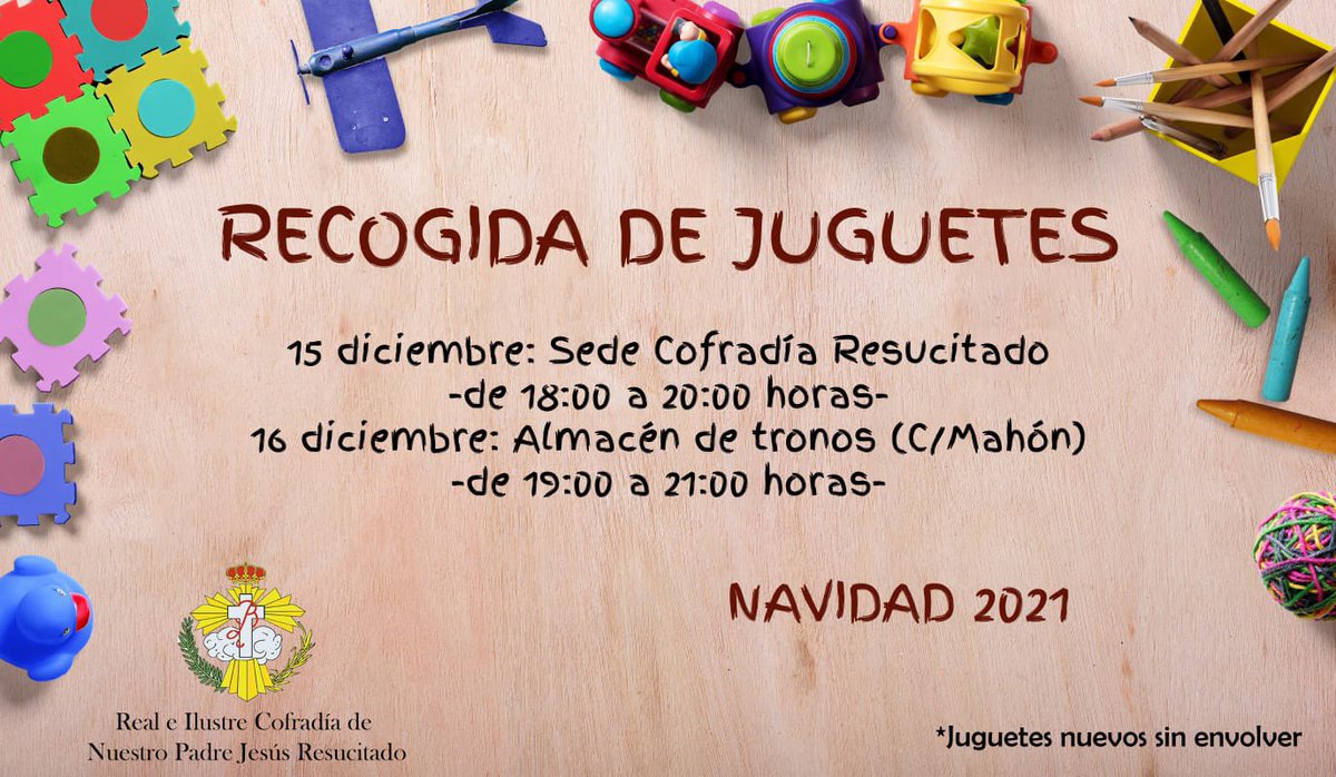 🎄 🎁Miércoles y jueves tendremos en marcha nuestra Campaña de Recogida de Juguetes; para ningún niño se quede sin regalos esta Navidad. 
Os esperamos miércoles en la sede de nuestra cofradía y jueves en nuestro almacén de tronos.
🧩🧸🪆🛍

#SoyResucitado
#RecogidadeJuguetes