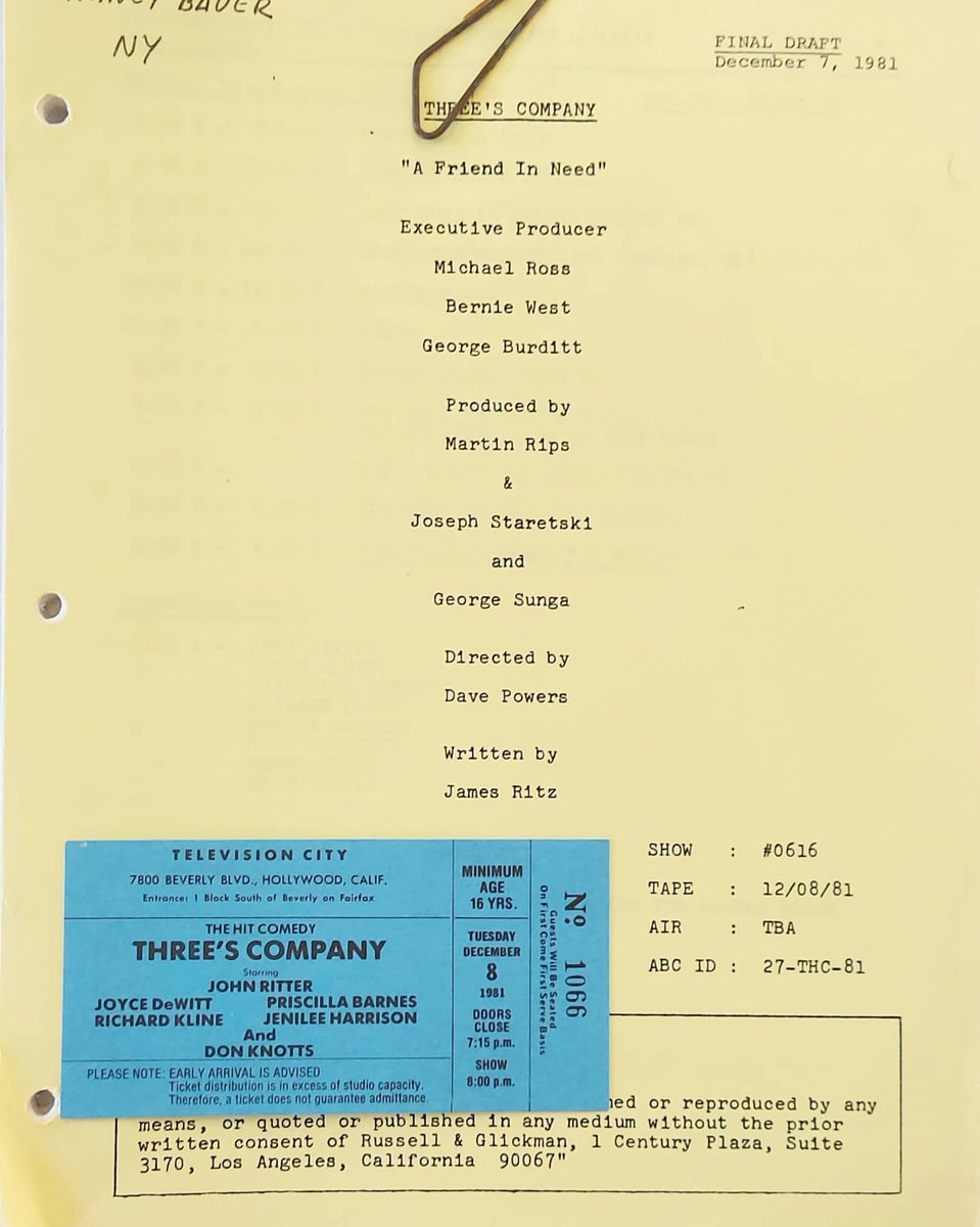 Now listed on eBay - original scripts along with their paired up studio tickets. Some signed by Joyce Dewitt / Mickey Ross some used by crew members #threescompany #ebay #3scompany
