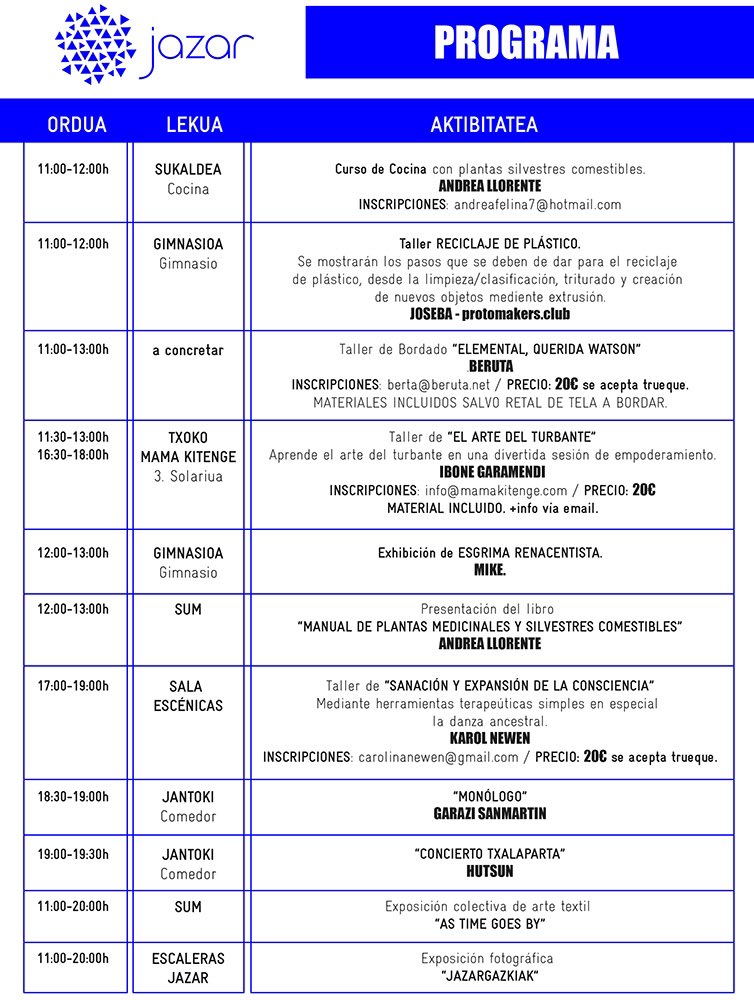 Larunbat honetan Jazarren mugimendu ederra egongo da, 
hartu agenda eta erabaki zein ordutan etorri!

#ateirekiak2021