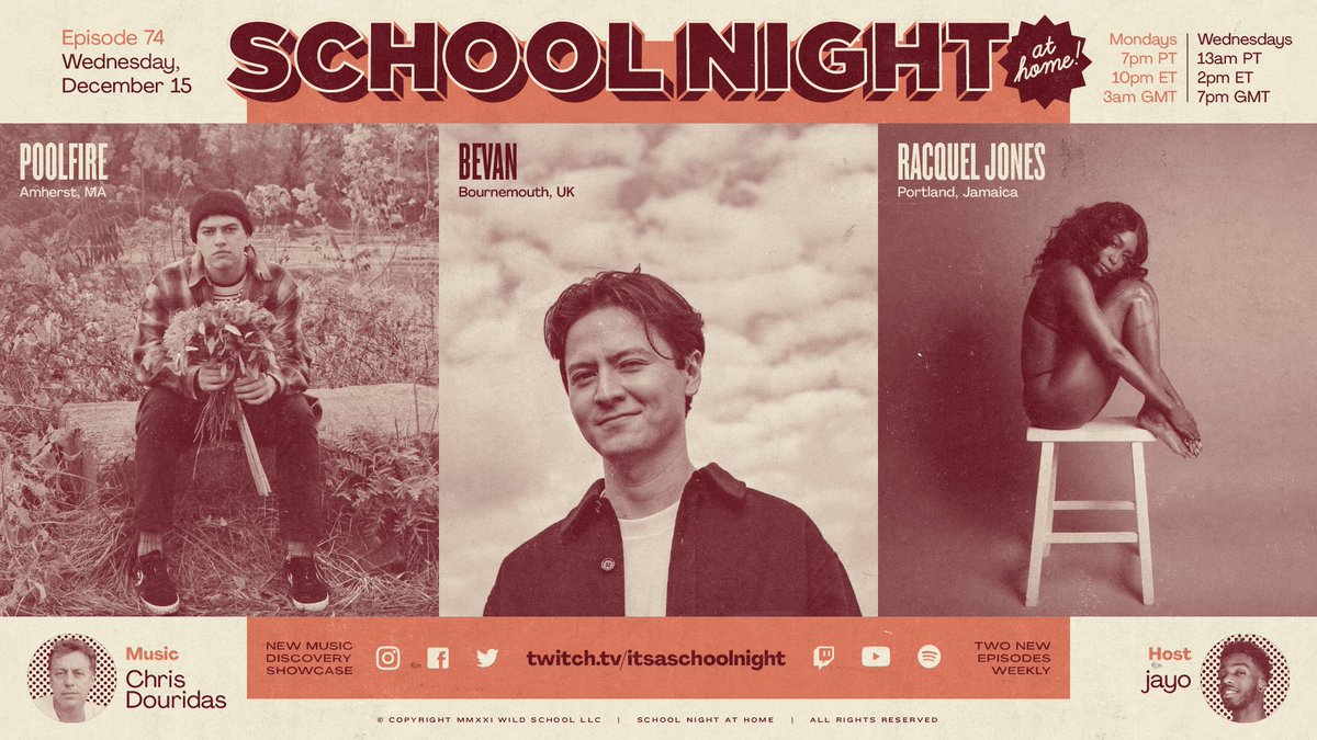 We're back streaming Wednesday to bring you School Night at Home EP 74!
⁠
Tune in for performances + interviews with <a href="/thisispoolfire/">poolfire</a>, <a href="/bevanmusiq/">Bevan</a>, Racquel Jones, &amp; music by <a href="/chrisdouridas/">chris douridas</a>. ⁠Hosted by jayo.⁠
⁠
LIVE at 11am PT | 2pm ET | 7pm GMT⁠
📺: Twitch.tv/itsaschoolnight