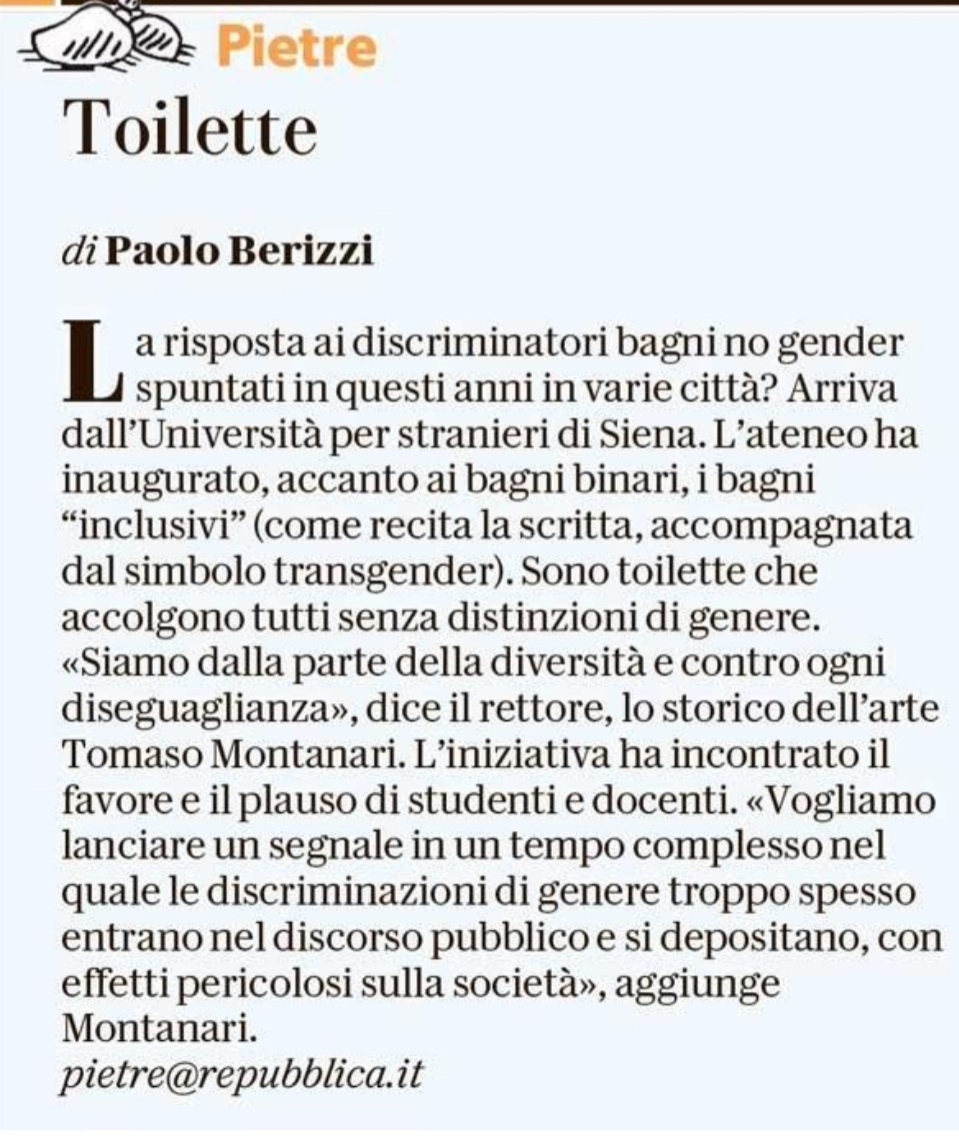 PBerizzi's tweet photo. La risposta ai discriminatori bagni no gender? Arriva da @UniStraSiena che inaugura i "bagni inclusivi". Esempio. Bravi.

#Pietre
@repubblica https://t.co/LcO6bYwzQX