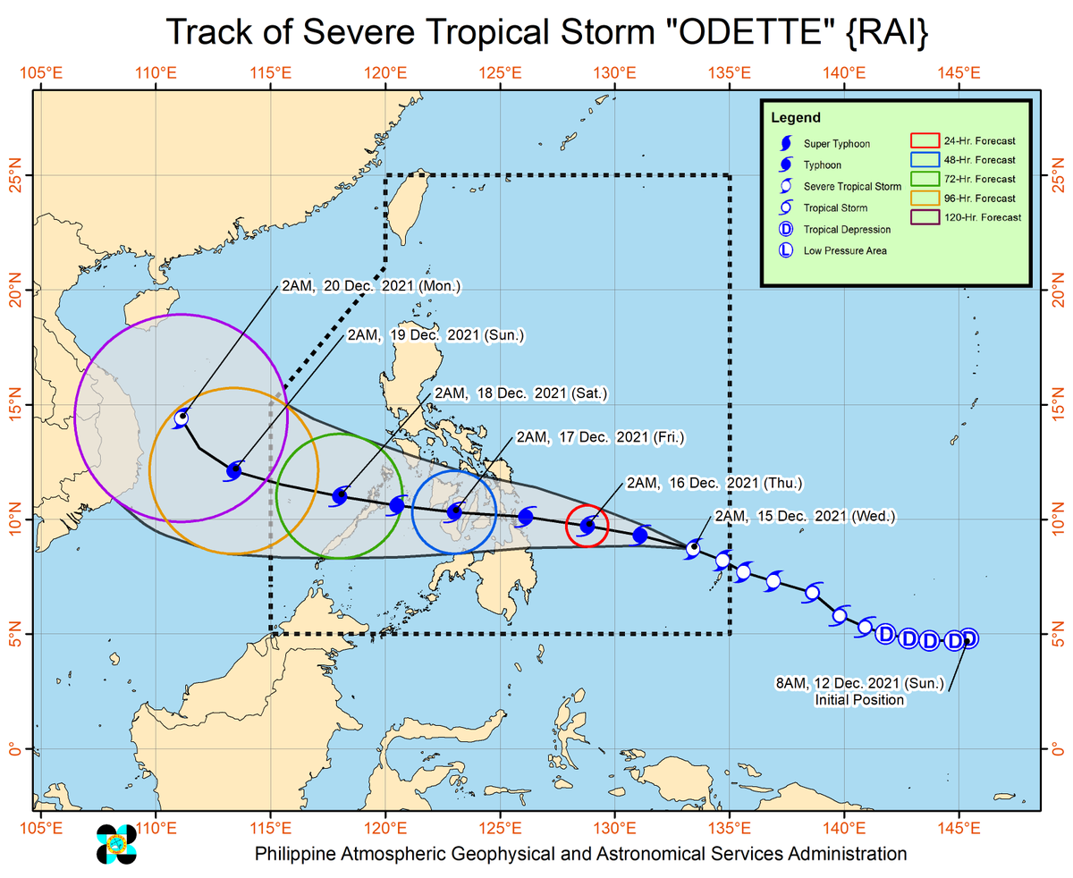 dost_pagasa's tweet photo. TROPICAL CYCLONE BULLETIN NO. 2
Severe Tropical Storm “#OdettePH”
Issued at 5:00 AM, 15 December 2021

“ODETTE” SLIGHTLY INTENSIFIES AND IS NEARING TYPHOON CATEGORY IN STRENGTH

DOST-PAGASA
Link: https://t.co/nOU972reaq https://t.co/xR0Ec1GqEm