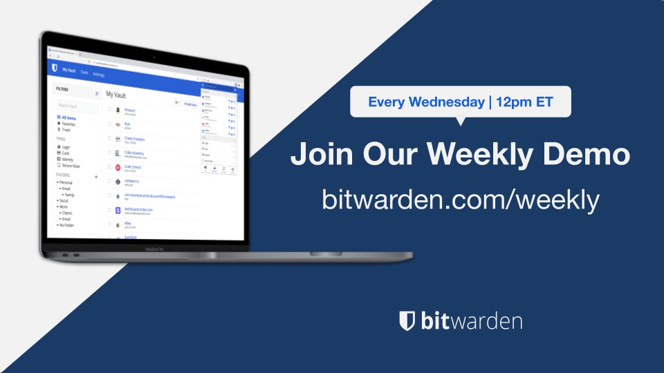 Bitwarden's tweet image. Tune in for our weekly Bitwarden walkthrough for Teams + Enterprise and open Q&amp;amp;A session - tomorrow at 12 p.m. ET! Sign up here: bitwarden.com/weekly 

#passwordmanagment