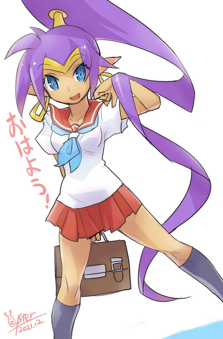おはシャンティ。コスチェンジも変身も多いシャンティですが、ありそうでなかった気がするセーラー服を着てもらいました。ちょっとセーラームーンみたいになった。#オハヨウ絵 #shantae 