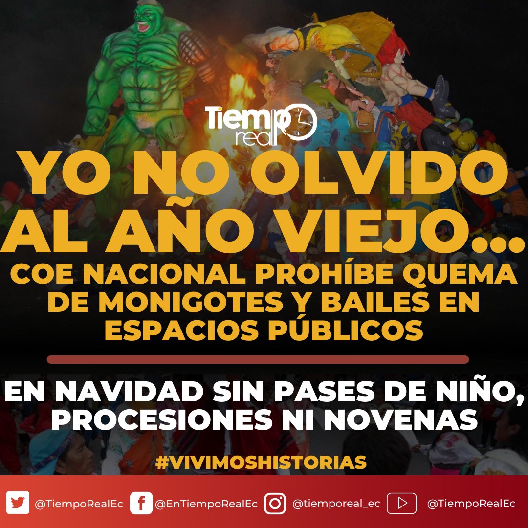TiempoRealEC's tweet photo. 🔴 .#URGENTE |
🔴#CoeNacional prohíbe para #FinDeAño: quema de monigotes y bailes en espacios públicos.
🔴Para #Navidad prohíbe: pases de Niño, procesiones y novenas.
🔴75% de aforo para mercados, centros comerciales y playas
🔴Entra en vigencia del 17 de diciembre al 03 de enero https://t.co/VQloKzUmDK