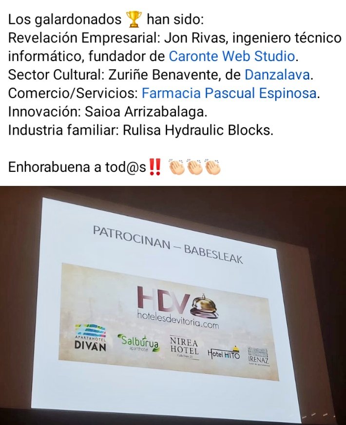 hotelesvitoria's tweet photo. La Asociación de Jóvenes #Empresarios de #Alava @AjebaskAlava, reconoce en su gala anual, el esfuerzo y la labor de los empresarios como generadores de empleo y riqueza, con la entrega de sus 'Premios Joven Empresario/a' 🏆 patrocinados, entre otros, por https://t.co/sA1BJGGGNh. https://t.co/4XTcQm41nv