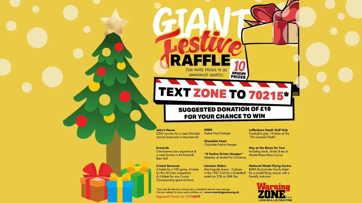 Warning_Zone's tweet photo. Have you brought your raffle tickets yet for the #WarningZone Festive Raffle? Still time as we will not be drawing it until 22 December.
So many amazing prizes - all the details are on the poster below!
Help Waning Zone and the young children we see every school year! https://t.co/aaziKgvxpk