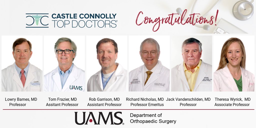 Congratulations to all the <a href="/uamshealth/">UAMS Health</a> physicians who received Castle Connolly Top Doctors recognition, including <a href="/UAMSOrtho/">UAMS Health Orthopaedics & Sports Medicine</a> experts Dr. Barnes, Dr. Frazier, Dr. Garrison, Dr. Nicholas, Dr. Vanderschilden, and Dr. Wyrick! #TopOrthoDocs2021