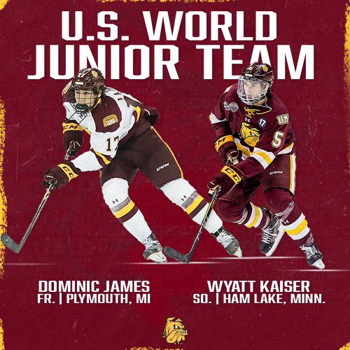 Congratulations to <a href="/d0mjames/">Dominic James</a> and <a href="/wyatt_kaiser5/">Wyatt Kaiser</a> on making the U.S. World Junior Team. Good luck in Canada! 🇺🇸🐶