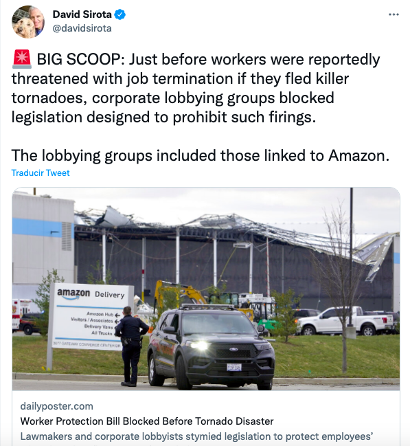 HelenaVillarO's tweet photo. El viernes seis trabajadores de Amazon murieron tras el paso de un tornado. Un día después de las condolencias en Twitter del CEO de la compañía, sabemos: 
1. No les dejaron irse antes bajo amenaza de despido
2. Lobistas bloquearon una ley diseñada en contra del abuso (HILO VA) https://t.co/WWIX9UdzOv
