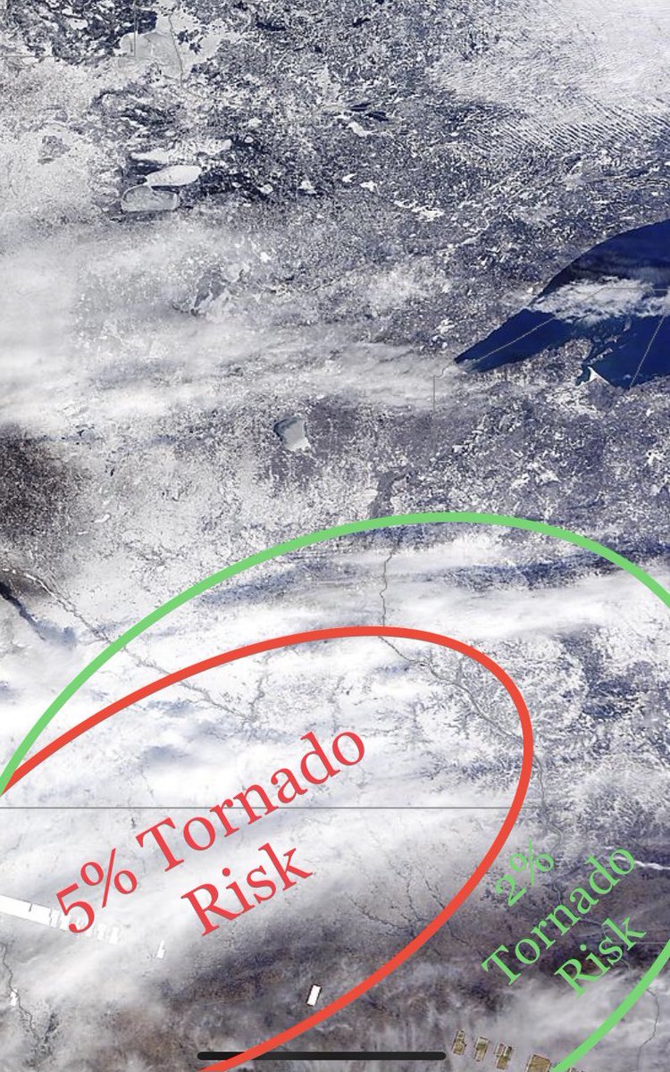 The northern half of the tornado risk area by <a href="/NWSSPC/">NWS Storm Prediction Center</a> is still entirely snow covered (picture from today) going into tomorrow’s severe weather threat. Wow! #MNwx