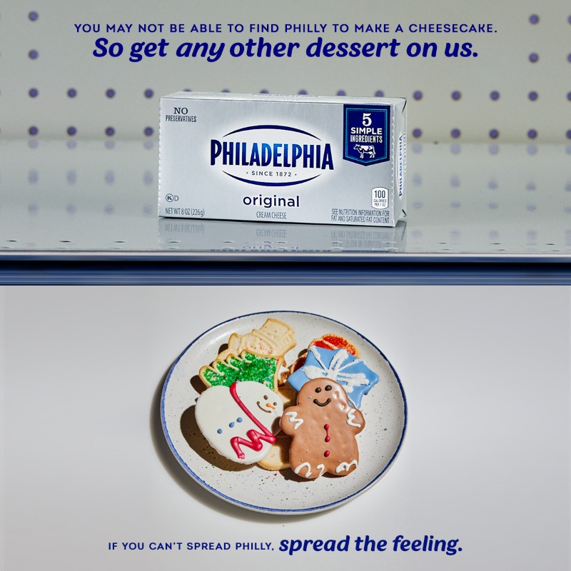 phillycreamchs's tweet photo. A shelf without cream cheese is a holiday without cheesecake. So if you can’t make your favorite dessert this year, buy any other one. And we’ll pay for it. #SpreadTheFeeling