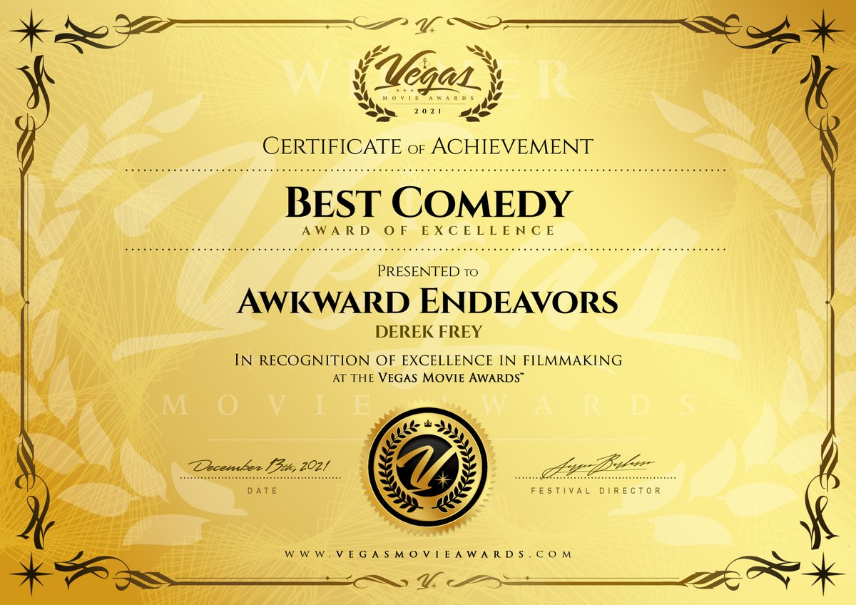 DerekFreyFilms's tweet photo. AWKWARD ENDEAVORS commences its film festival run!  Excited to announce the Vegas Movie Awards awarding us BEST COMEDY, BEST EDITING and BEST ENSEMBLE.  #minorprophets #vegasmovieawards #awkwardendeavors #derekfrey #bestcomedy #FilmFestival  😀🤪 https://t.co/vF68ePJbC0