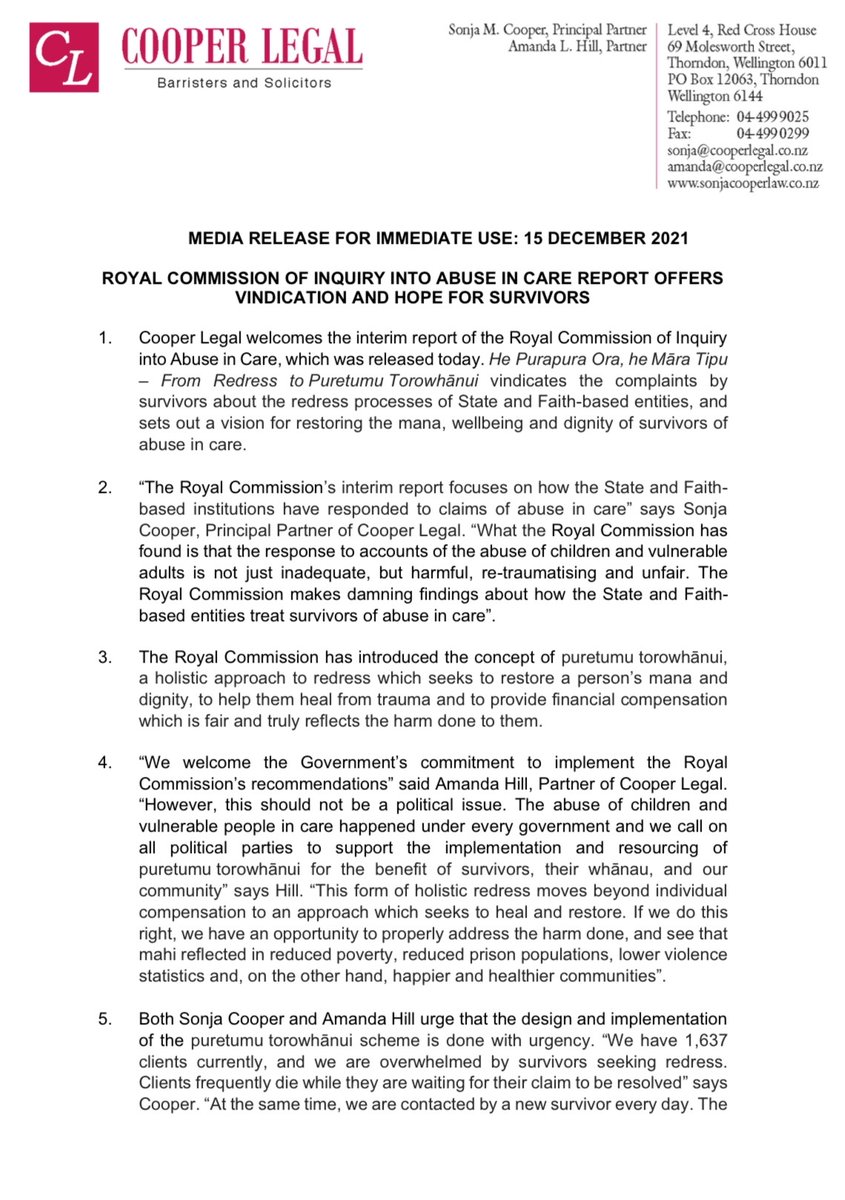 CooperLegal's tweet photo. MEDIA RELEASE FOR IMMEDIATE USE: 15 DECEMBER 2021

ROYAL COMMISSION OF INQUIRY INTO ABUSE IN CARE REPORT OFFERS VINDICATION AND HOPE FOR SURVIVORS

#royalcommissionintoabuseincare #mediarelease #abuseincare #humanrights https://t.co/axgjlHBb8Y