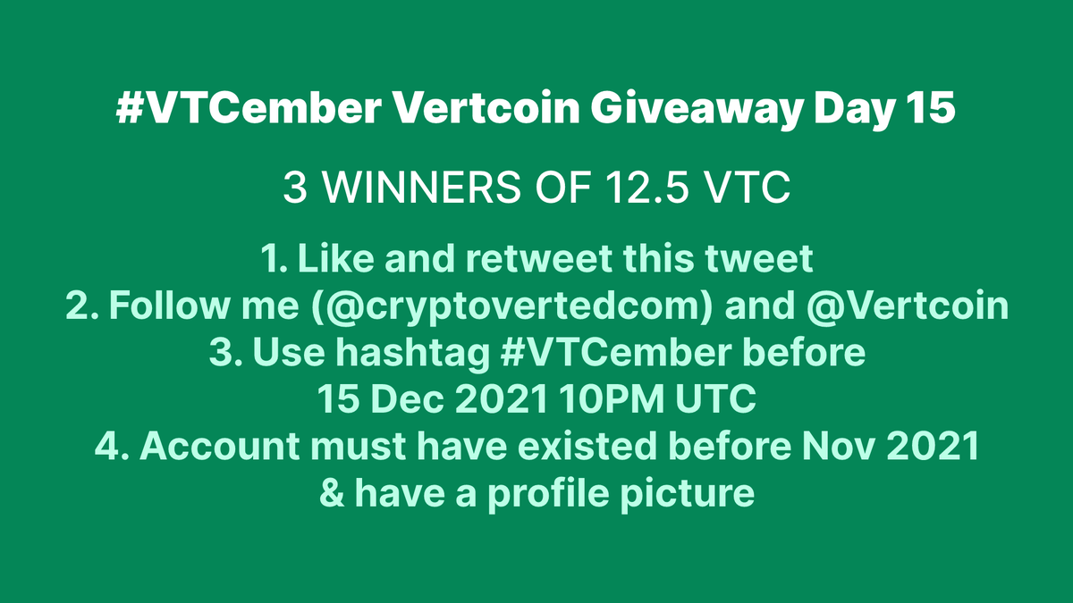cryptoverted's tweet image. Day 15 of the #VTCember Vertcoin Giveaway!
3 WINNERS of 12.5 VTC!

- Like &amp;amp; RT this tweet
- Follow me (so I can DM) and @Vertcoin 
- Use #VTCember hashtag in next 24 hours

#Vertcoin $VTC #VertArmy