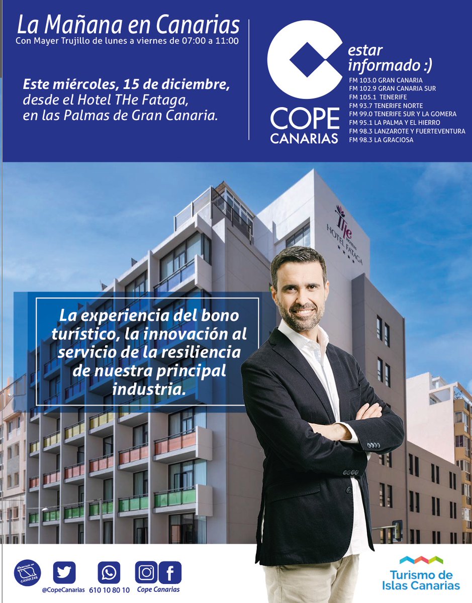 🎙️Escucha este miércoles a <a href="/MayerTrujillo/">Mayer Trujillo</a> desde el Hotel THe Fataga con <a href="/TurismCanarias/">Turismo de Islas Canarias</a> para hablar sobre la experiencia del #bonoturístico, una apuesta para fomentar el #turismointerno en las #IslasCanarias.

📲cope.es/directos/gran-…
📲cope.es/directos/tener…