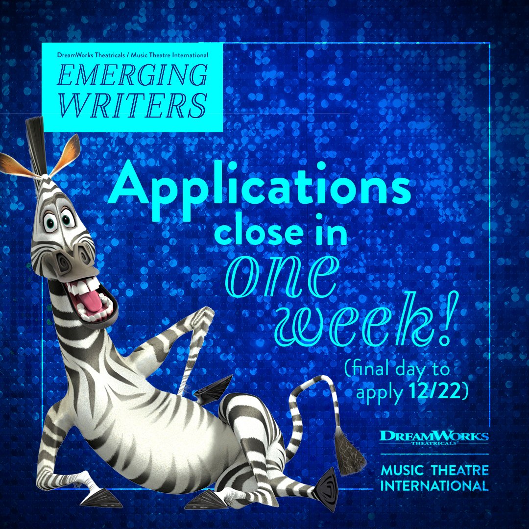 mtishows's tweet photo. ONE MORE WEEK to “Move It” and get those applications in! The deadline for the @Dreamworks Theatricals/MTI Emerging Writers Program is 12/22!
Learn more: https://t.co/dFIacnfWid
#DWTMTIEmergingWriters #mtishows #DreamWorksTheatricals #GTDI #UniTalentDev #HereYouCan https://t.co/HK26Nyp6NS