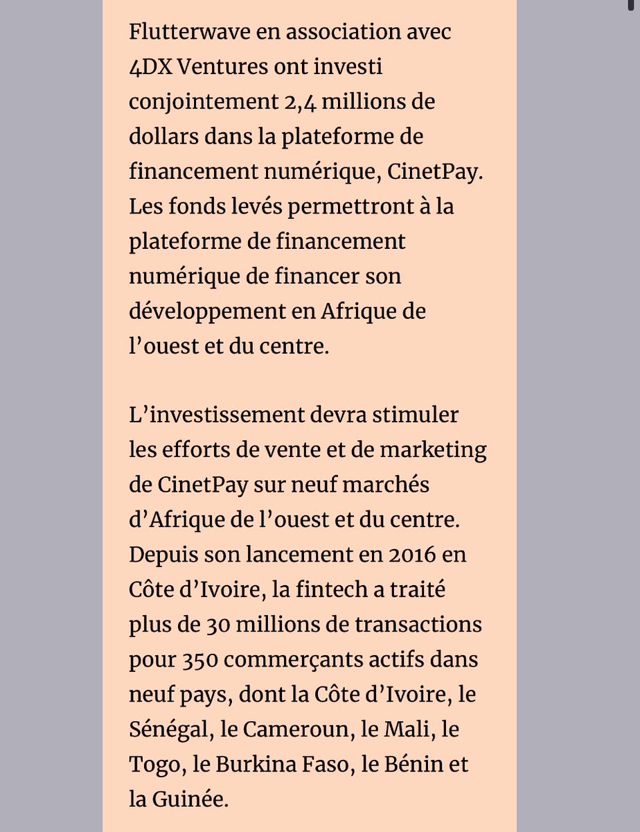 PaolaAudrey's tweet photo. La startup ivoirienne @cinetpay (co-fondée et dirigée par Idriss Monthé 🇨🇲 ) a levé +2 millions de dollars auprès de la startup nigériane @theflutterwave. 

Love to see such pan-african collaboration ❤️ https://t.co/dy246yYMCK