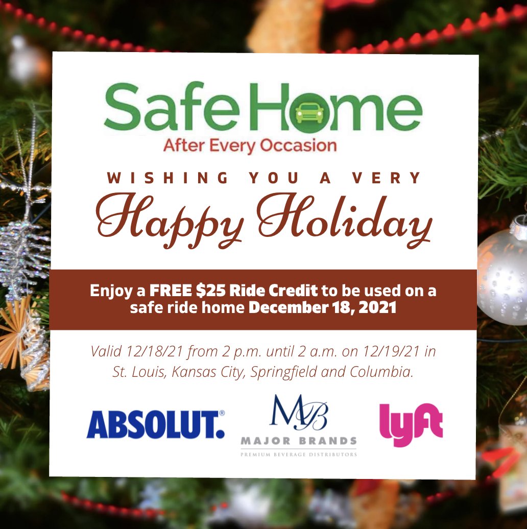 BreakthruMO's tweet photo. 'Tis the season for holiday celebrations! 'Safe Home for the Holidays' is providing 10,000 free rides home and continues this Saturday, December 18th with support from our supplier partner @AbsolutUS. https://t.co/I1VbCf0xge