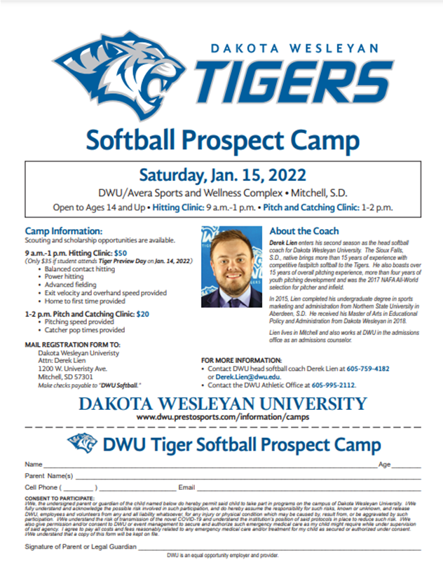 DWUSoftball's tweet photo. *REMINDER* High School Softball Prospect Camp on JANUARY 15th. Open to HS Freshman-Seniors! Reduced prices a available for those who attend Tiger Preview Day on January 14. 

Sign up for Tiger Preview Day linked below... https://t.co/6JF6yHOjxf