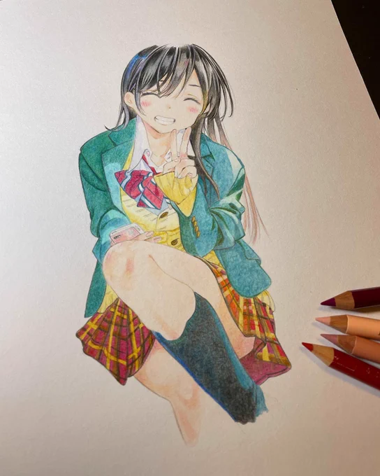 レンカノ 水原千鶴。 色鉛筆で描いてみた。 可愛いなぁ。 #彼女お借りします #模写 #色鉛筆