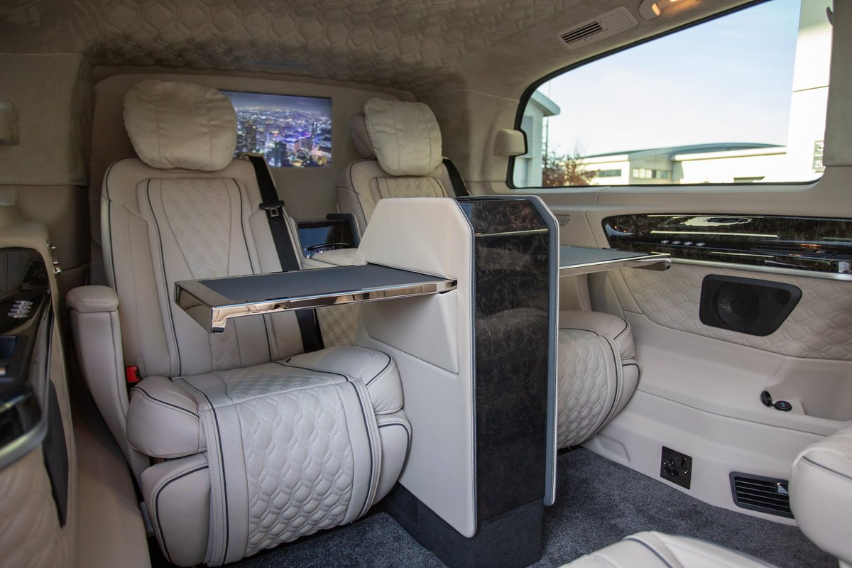 Senzati's tweet photo. Senzati Jet Class finished in Silk Beige with a single centre console, electric seats, 240v sockets and an additional screen for rear facing passengers! #senzati #jetclass #jetspec #luxurymercedes #luxurymercedesbenz #luxuryvehicle #luxuryvehicles #mercedes #benz #vclass https://t.co/RqP918hlFX