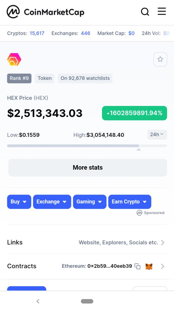Jono_Solo's tweet photo. #HEX price according to #CoinMarketCap  @RichardHeartWin @Hexologist31 @THEAnnette https://t.co/RRmKkCmApS