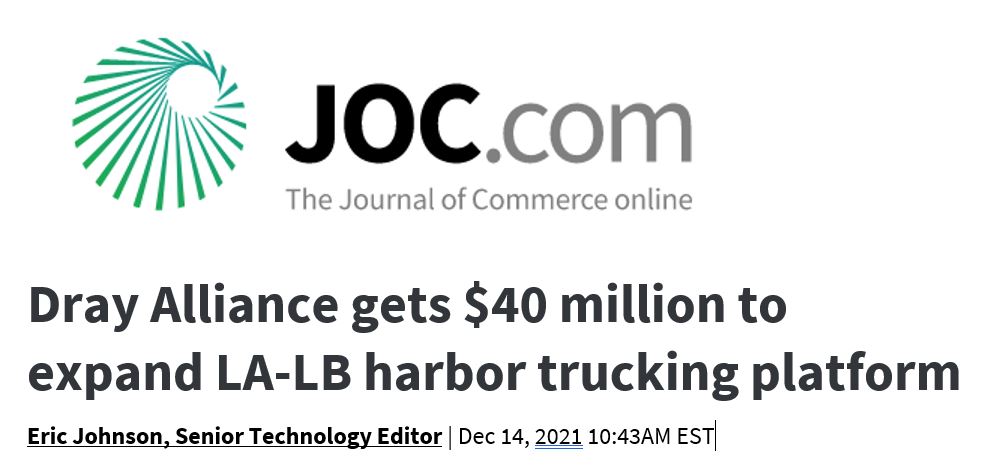 drayalliance's tweet image. Thanks to @LogTechEric for his coverage of our $40M Series B and @joc_updates continued focus on congestion at the U.S. ports