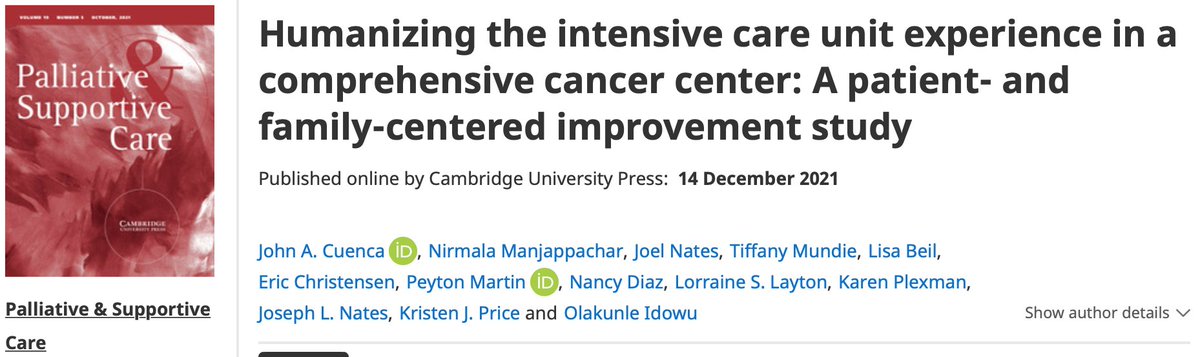 JohnCuencaMD's tweet photo. Our multilevel-intervention enhanced and promoted patient and family-centered care among critically ill cancer patients and their families @MDAndersonNews.

Interventions:
🔷Open visitation policy
🔷2-way communication boards
🔷Revamped waiting rooms

📎https://t.co/U96E0Ypo1s https://t.co/9lKEg5VjIr
