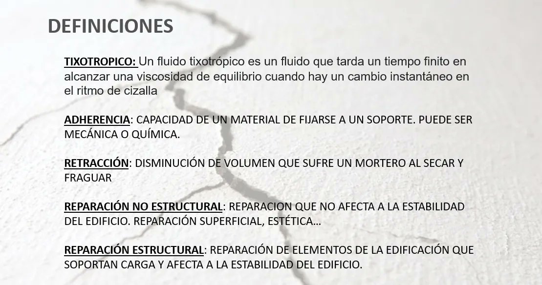 Morteros de reparación: 

Morteros de Reparación R2: SIKAREP 2200

Morteros de Reparación R3: Renderoc SFR

Morteros de Reparación R4: Renderoc SF, Geolite 10, Geolite 40