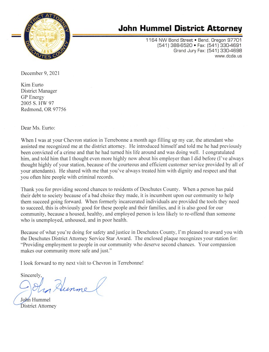 deschutesda's tweet photo. The Deschutes County District Attorney's Office awards GP Energy the Service Star for providing employment to people in our community who deserve second chances! https://t.co/ruJs0BQwfL