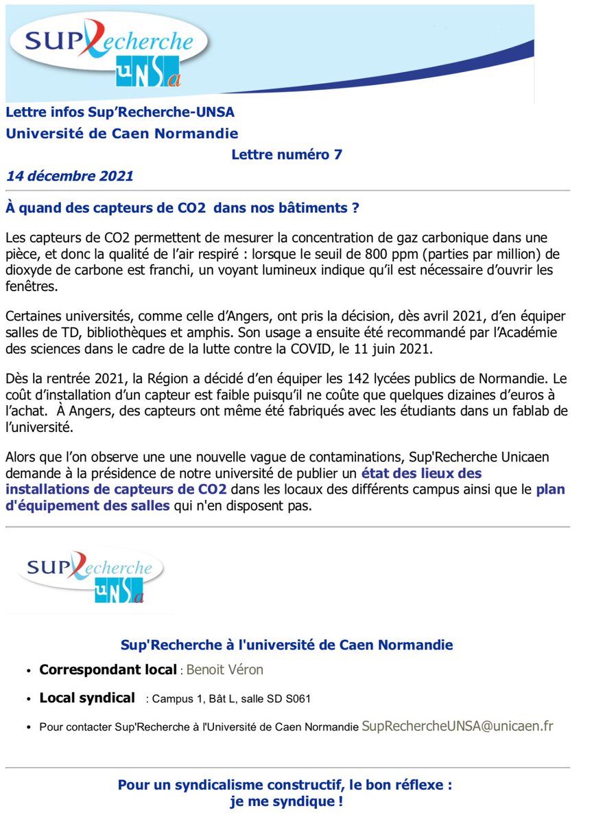 Lettre n°7 : "A quand des capteurs de CO2 dans nos bâtiments ?"