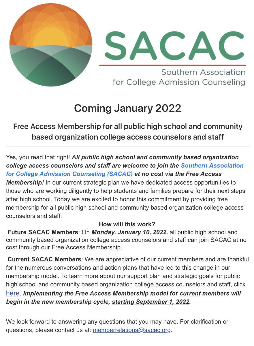 Well, look at this BREAKING NEWS! Our friends @SACAC_Info are now making membership available for FREE for our public school counselors and CBOs, including our rural colleagues! Incredible! Are you in the south - join in Jan!