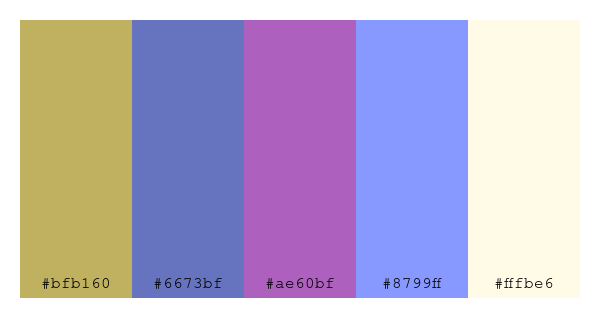 ColPaletteBot's tweet photo. Beep beep, here's a pretty color palette for you!
color-scheme.js parameters used:
- hue: 97
- variation: light
- colors: #bfb160, #6673bf, #ae60bf, #8799ff, #fffbe6
Have a lovely evening!
#twitterbot #colorpalette #colors #palette #prettycolors https://t.co/gDVarPQhhZ