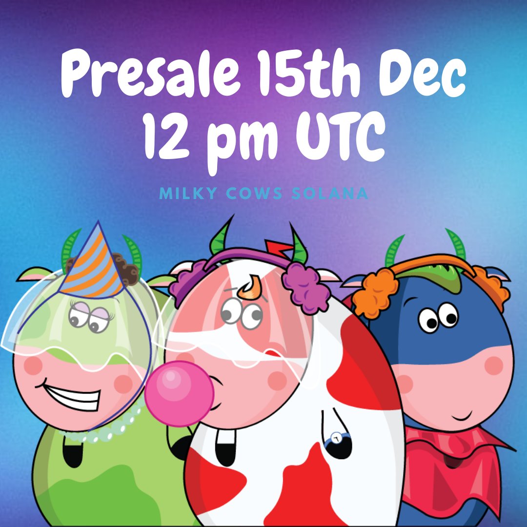 🐮MILKY COWS NFT GIVEAWAY🐮

 3 x Milky Cows NFT🎉

1⃣ Follow RT &amp; ♥️ 
2⃣ Tag 3 Friends &amp; Comment #SolanaNFTs #NFT 
3⃣ Join our Server :discord.gg/BaRnDEQFGE
4⃣ Solana Wallet Address

🔥Presale is 15th Dec 12 PM UTC🔥
Join OG to MINT in presale🚀
#Giveaway #NFTGiveaway #Solana
