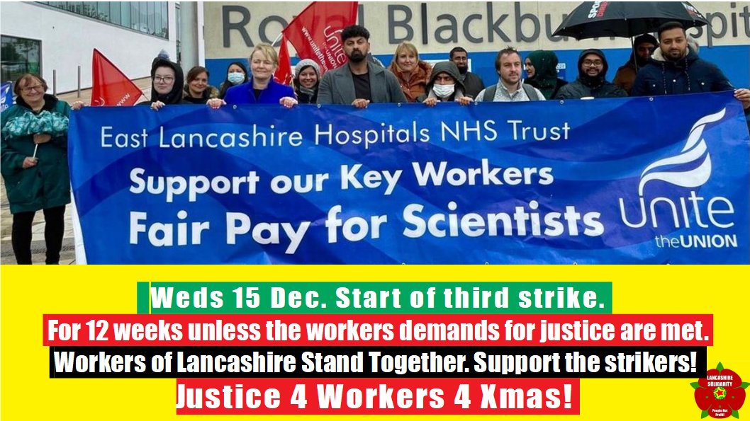 before_profit's tweet photo. On strike from tomorrow for 12 weeks. Unless the ELHT bosses see sense and give fair pay for Lancashire bio-scientists @FairPay4BioSc 
It's time for the whole trades union movement of Lancashire to rally to their cause and picket lines. We want Justice 4 Workers 4 Xmas! https://t.co/nlBCp337Ks