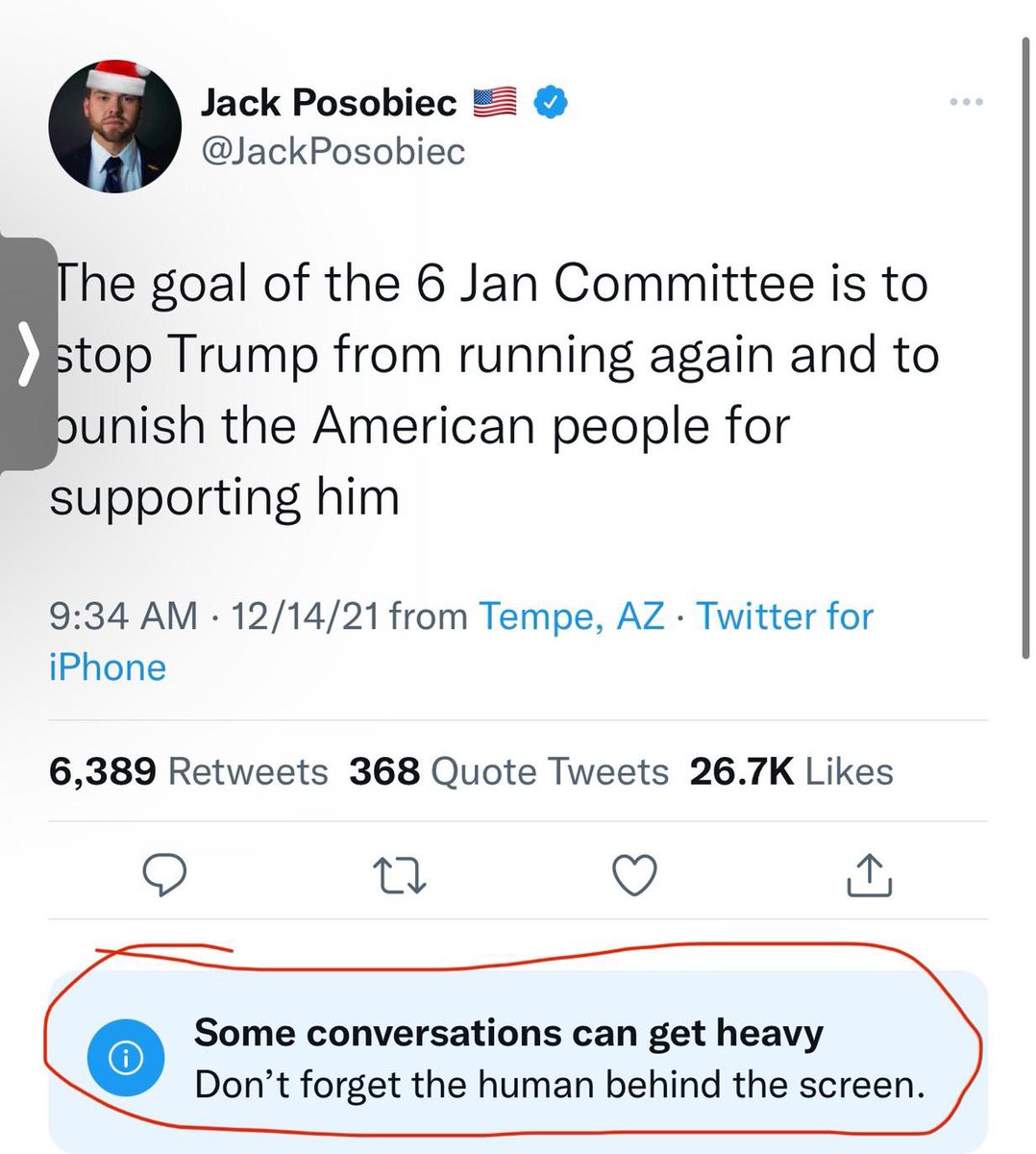 JackPosobiec's tweet photo. Twitter has applied a warning label and reply downvoting on my Jan 6 Committee tweet https://t.co/mJbresS8rL
