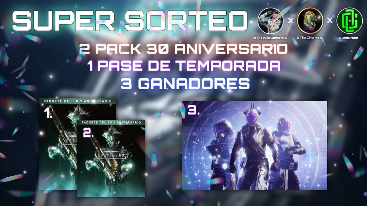 🎊¡NUEVO SUPER SORTEO del 30ª ANIVERSARIO!🎊

🎁HABRÁ 3 GANADORES:
🥇DLC 30ª ANIVERSARIO✨ 
🥈DLC 30ª ANIVERSARIO✨ 
🥉Temporada de los Perdidos✨

✅Requisitos:
1️⃣️Seguir a <a href="/TheChicHaZ/">ChiicHaZ</a>, a @OneBrazo_  y a <a href="/TheWildGamer95/">TheWildGamer</a> 
2️⃣RT🔁 y Like💖

Finaliza el 27 de Diciembre⏰
¡Suerte!✨