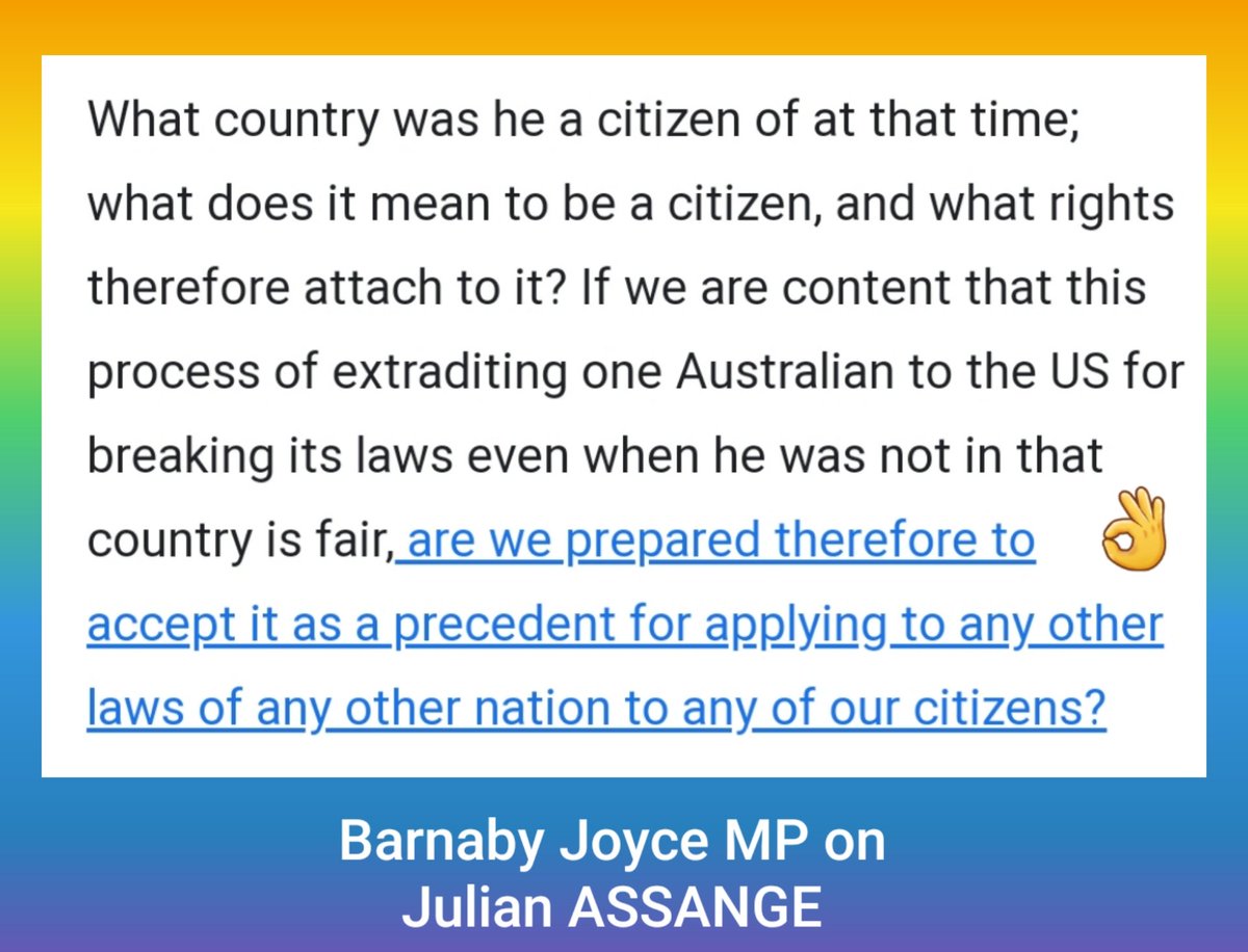 Dr_LCorredor's tweet photo. "If we're content that...
#extraditing one #Australian to the #US for breaking its laws even when he was NOT in that country is fair, are we prepared therefore to ACCEPT it as a #precedent for applying to any other laws of any other nation to any of our citizens?"
@Barnaby_Joyce https://t.co/6znlFSezCI
