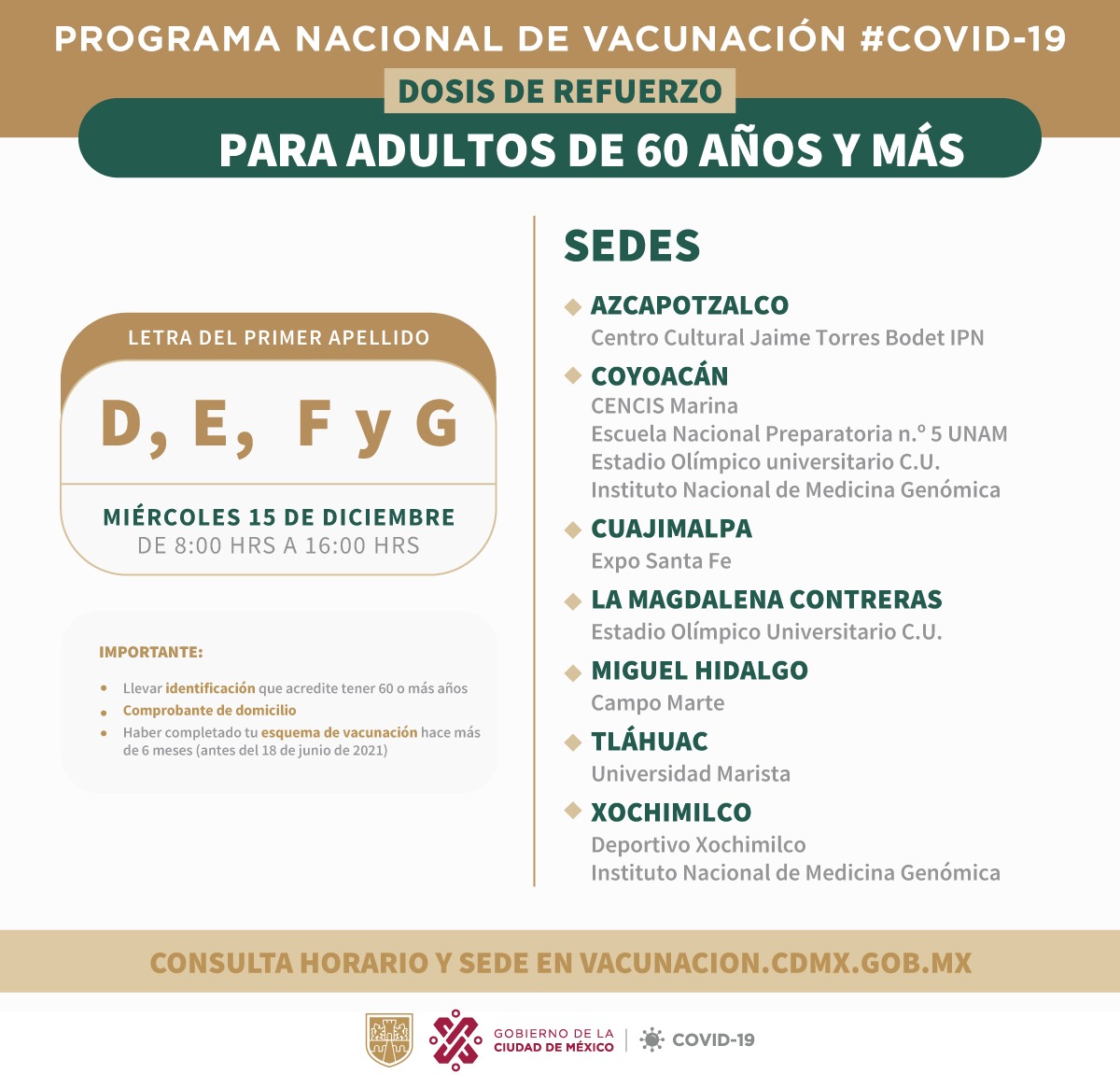 GobCDMX's tweet photo. 👁‍🗨 Continúa la aplicación de la dosis de refuerzo de la vacuna contra #COVID19 para personas de 60 años y más en: Azcapotzalco, Coyoacán, Cuajimalpa, La Magdalena Contreras, Miguel Hidalgo, Tláhuac y Xochimilco.

Corresponde el turno a la letra D, E, F y G del apellido paterno. https://t.co/vchQTLR90f
