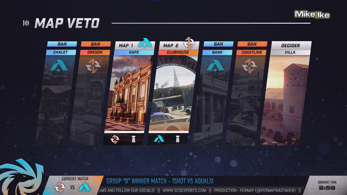 SCS_esports's tweet photo. The map bans are in and we are about to get into the action
🔵Kafe - AQ
🟠Club - 1Shot
⚪️Villa - Decider
⚔️ @1shotLFO 🆚 #Aqualix
🔴 https://t.co/YwT0ISNPqt
#MakeHistory https://t.co/yterBdxyxm