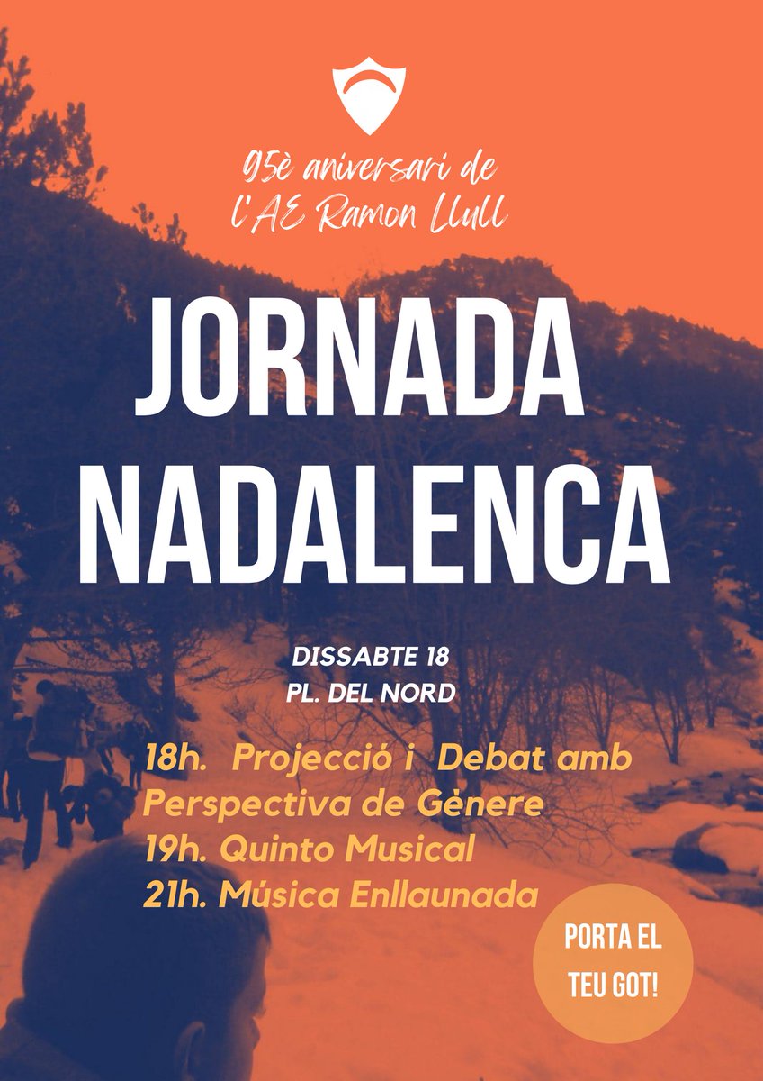 aeramonllull's tweet photo. 💥Aquest dissabte vine a passar la tarda amb nosaltres💥 Seguint amb els actes de celebració dels 95 anys de l’agrupament, arriba la Jornada Nadalenca🎄

- 18:00h Projecció i Debat amb Perspectiva de Gènere 
- 19:00h Quinto Musical
- 21:00h Música Enllaunada https://t.co/BTooWqi2W0