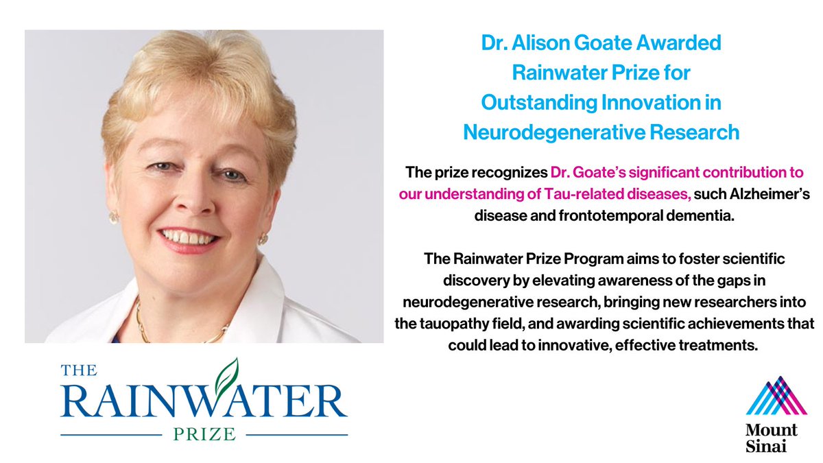 Mount Sinai Genetics (@sinaigenetics) on Twitter photo Congratulations <a href="/SinaiGenetics/">Mount Sinai Genetics</a> Chair, Alison Goate, for recognition in innovative scientific discoveries for neurodegenerative diseases in receiving this year's Rainwater Prize! <a href="/SinaiBrain/">Friedman Brain Institute</a> <a href="/IcahnMountSinai/">Icahn School of Medicine at Mount Sinai</a> <a href="/MountSinaiNYC/">Mount Sinai Health System</a> prnewswire.com/news-releases/… #brainresearch Congratulations <a href="/SinaiGenetics/">Mount Sinai Genetics</a> Chair, Alison Goate, for recognition in innovative scientific discoveries for neurodegenerative diseases in receiving this year's Rainwater Prize! <a href="/SinaiBrain/">Friedman Brain Institute</a> <a href="/IcahnMountSinai/">Icahn School of Medicine at Mount Sinai</a> <a href="/MountSinaiNYC/">Mount Sinai Health System</a> prnewswire.com/news-releases/… #brainresearch